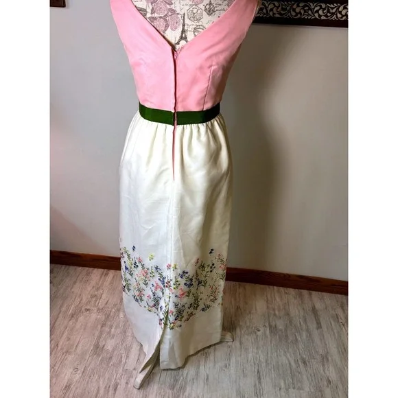 Vintage Embroidered Maxi Dress Pink Satin Bodice 60s Union Made S Mad Men era - Picture 12 of 17